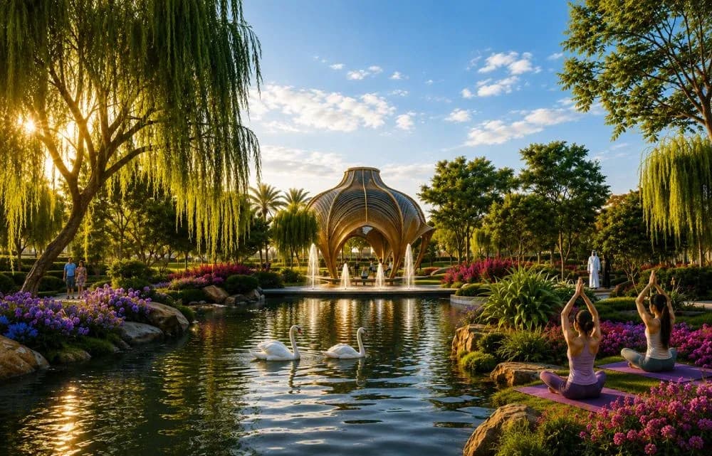 Lake pavilion and yoga lawn in the park