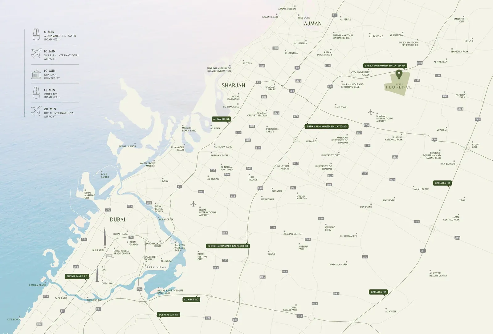 Location map of Azizi Florence on Emirates Road, Sharjah, with nearby landmarks
